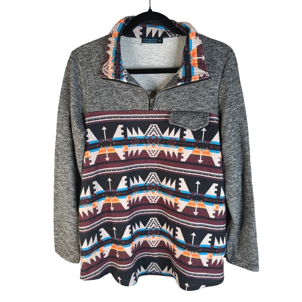 Fashion‎ Express Women's Gray Southwestern Aztec Quarter Zip Pullover Sweatshirt